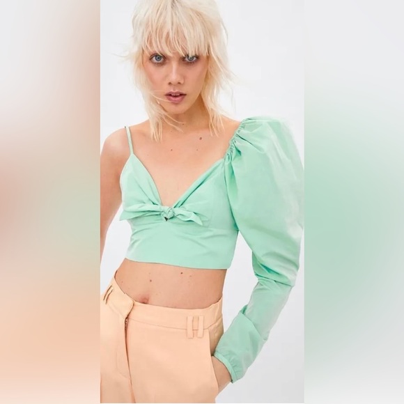 NWT Zara One Puff Shoulder Green Crop Top - Picture 13 of 16